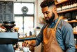© Leonardo - Joven barista afro estadounidense con un corte de pelo moderno, vistiendo un delantal y preparando café en una cafetería