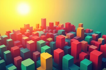 Aufkleber - Geometric Cityscape: A vibrant and abstract cityscape comprised of colorful, block-like structures basking in the warm glow of a sun, evoking a sense of urban development and modernity.