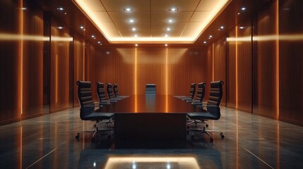 Poster - Located in an upscale office building, a spacious conference room features sleek furniture, ambient lighting, and a long table ready for important meetings and brainstorming sessions