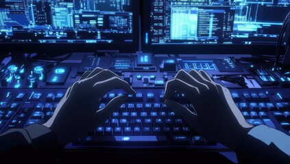 Hands typing on keyboard, multiple screens with digital data, dark room,  for tech blog