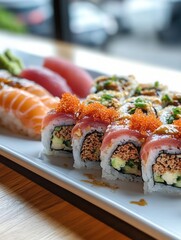 Poster - Sushi plate featuring spicy tuna and assorted rolls and nigiri arranged on a wooden table in a modern setting