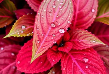 Poster - Vibrant Leaves Close Up. Fresh Green And Red Foliage Glistening With Water Droplets. Captivating Natural Beauty. A Perfect Image For Nature Lovers.