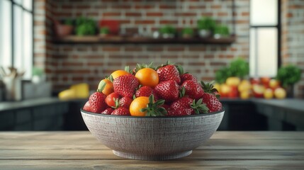 Aufkleber - Fresh fruit bowl featuring ripe strawberries and oranges in a rustic kitchen setting