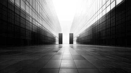 Fototapete - A serene walkway appears between two sleek glass buildings, illuminated by a gentle glow that creates a tranquil atmosphere, inviting exploration and contemplation in the bustling city