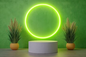 Aufkleber - Lush green wall featuring a vibrant round neon sign illuminating the space with a modern and trendy aesthetic