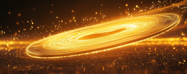 Poster - Glowing golden spiral galaxy with sparkling particles in outer space