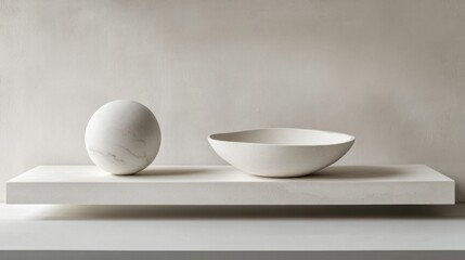 Aufkleber - Soft curves and subtle textures create a tranquil composition with a spherical and an organic-shaped bowl nestled on a sleek platform, showcasing the elegance of simplicity