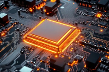Poster - Close-up of a circuit board with a glowing orange light emphasizing technology, innovation, and modern electronics