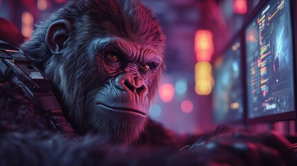 Aufkleber - a gorilla focuses intently on a gaming setup, surrounded by glowing screens in a bustling cybernetic