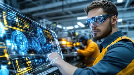 Poster - Focused man wearing safety glasses working on a computer inside a busy factory with advanced technology surrounding him