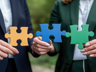 Poster - Two professionals holding puzzle pieces together symbolizing collaboration, teamwork, and problem solving