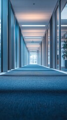 Poster - Bright blue carpet and smooth glass panels create a serene atmosphere in this expansive corridor. Natural light streams through, enhancing the modern architectural elements
