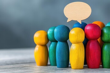 Poster - Group of diverse wooden people with a speech bubble representing communication and discussion in a creative context