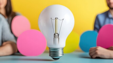 Aufkleber - Bright light bulb illuminating a woman in the background symbolizing creativity and innovative ideas in a workspace