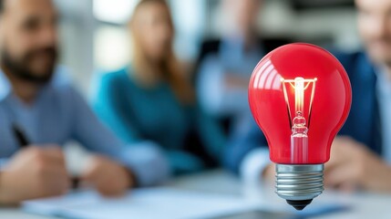 Poster - Bright light bulb illuminating a group of people in the background representing ideas and inspiration in a collaborative setting