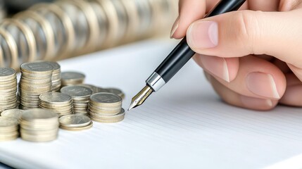 Poster - Hand writing notes on a notebook surrounded by coins representing financial planning and budgeting concepts