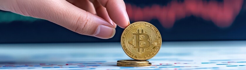 Aufkleber - Hand placing a bitcoin coin into a chart demonstrating cryptocurrency investment and financial growth