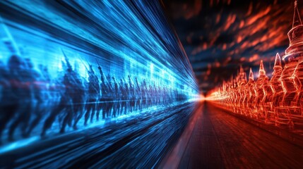 Fototapete - Group of people walking through a long tunnel with architectural curves and ambient lighting creating a unique atmosphere