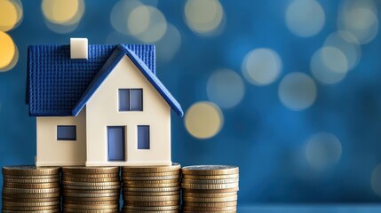 Poster - House balanced on top of a stack of coins symbolizing financial security and wealth management in a creative representation