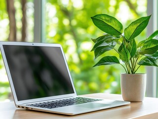 Fototapete - Modern laptop placed on a desk surrounded by office supplies in a stylish workspace environment for productive work