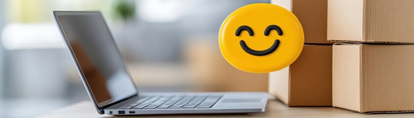 Poster - Laptop displaying a smiley face on the screen in bright yellow representing cheerfulness and positive digital interaction
