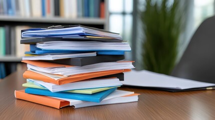 Poster - Neatly stacked pile of books on a wooden desk with reading glasses and a warm light creating a cozy study atmosphere
