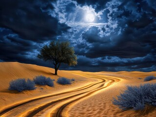 Poster - Solitary tree positioned in the middle of a vast desert with dramatic landscape and clear skies creating an idyllic scene