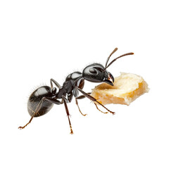 Aufkleber - close up of black ant carrying piece of food, showcasing its detailed features and texture. ant is depicted in dynamic pose, emphasizing its strength and determination