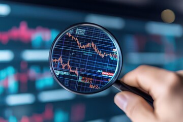 Aufkleber - A person holding a magnifying glass over a stock chart to analyze trends and data for financial insights and decisions