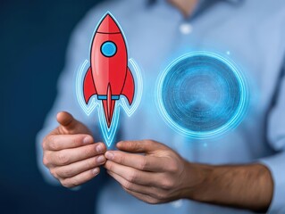 Poster - Man holding a red rocket surrounded by a blue circle symbolizing innovation and progress in technology and growth
