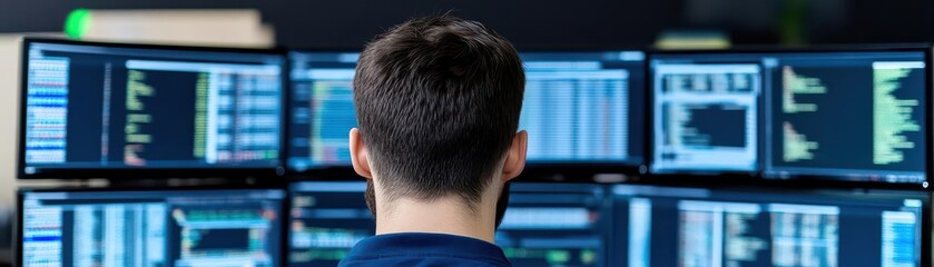 Fototapete - Concentrated man analyzing data on multiple computer monitors in a high-tech office environment