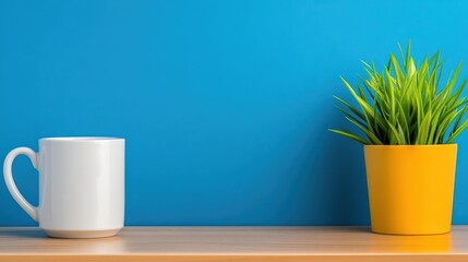 Poster - Unique plant growing in a white mug placed on a wooden shelf adding a touch of nature to home decor