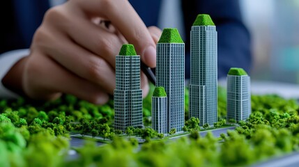 Poster - Detailed model of a cityscape featuring skyscrapers, parks, and roads depicting urban planning and development concepts