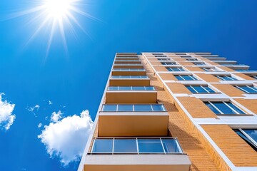 Aufkleber - Sunlit building against a clear blue sky creating a bright and inviting atmosphere for modern architecture