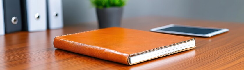 Poster - Elegant leather journal resting on a wooden desk surrounded by office supplies and inspirational items for creativity