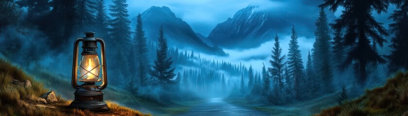 Poster - Enchanted forest scene featuring a glowing lantern illuminating the surrounding trees and nature's mystical beauty