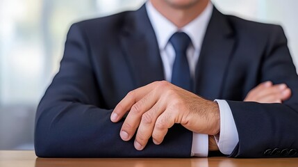 Poster - Professional man in a suit sitting confidently at a table with a focused expression and engaging posture