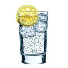 Poster - Refreshing glass of sparkling water with ice and lemon slice. Perfect for hydration and summer enjoyment