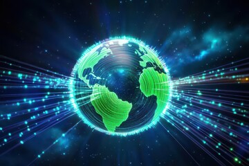 Poster - Glowing earth against a blue and green background illustrating global connectivity and environmental awareness in a digital world