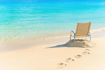 Poster - A relaxing beach chair set on golden sand overlooking the calm blue waters of the ocean under a clear blue sky