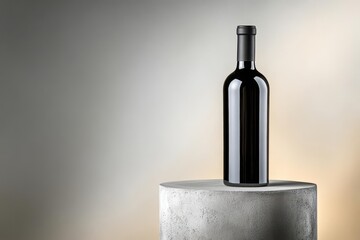 Aufkleber - A wine bottle elegantly placed on a concrete pedestal surrounded by soft natural light highlighting its rich color