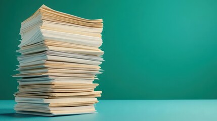 Poster - A tall stack of colorful books with varying sizes on a wooden table against a blurred background of a library
