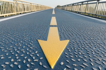 Poster - Bright yellow arrow pointing forward on urban bridge symbolizing progress, direction, and transportation infrastructure