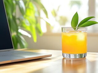 Poster - Refreshing glass of orange juice topped with a bright green leaf on a wooden table in a bright natural light