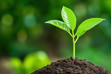 Poster - Young green plant growing in rich dark soil symbolizing new life and the beauty of nature's growth process
