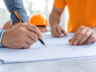 Leinwandbilder - Two people collaborating on a construction project while reviewing blueprints at a building site with tools nearby