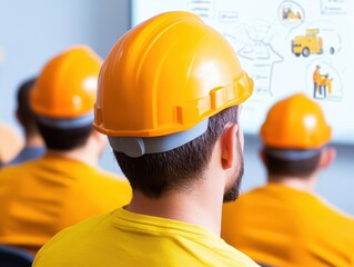 Poster - Construction worker wearing a hard hat and safety gear while overseeing a project at a building site