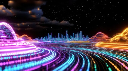 Fototapete - Stunning futuristic cityscape illuminated by vibrant neon lights creating a lively nighttime urban atmosphere