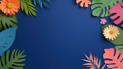 Poster - Bright blue background adorned with colorful paper flowers and leaves creating a cheerful and vibrant decorative display