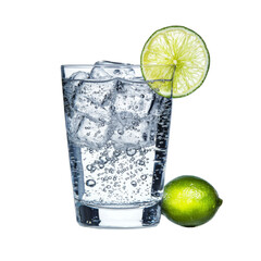 Poster - Refreshing glass of sparkling water with ice and lime slice